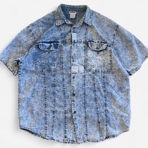 Vintage Cotler Blue Acid Washed Linen Cotton Blend Denim Button Up Shirt XL